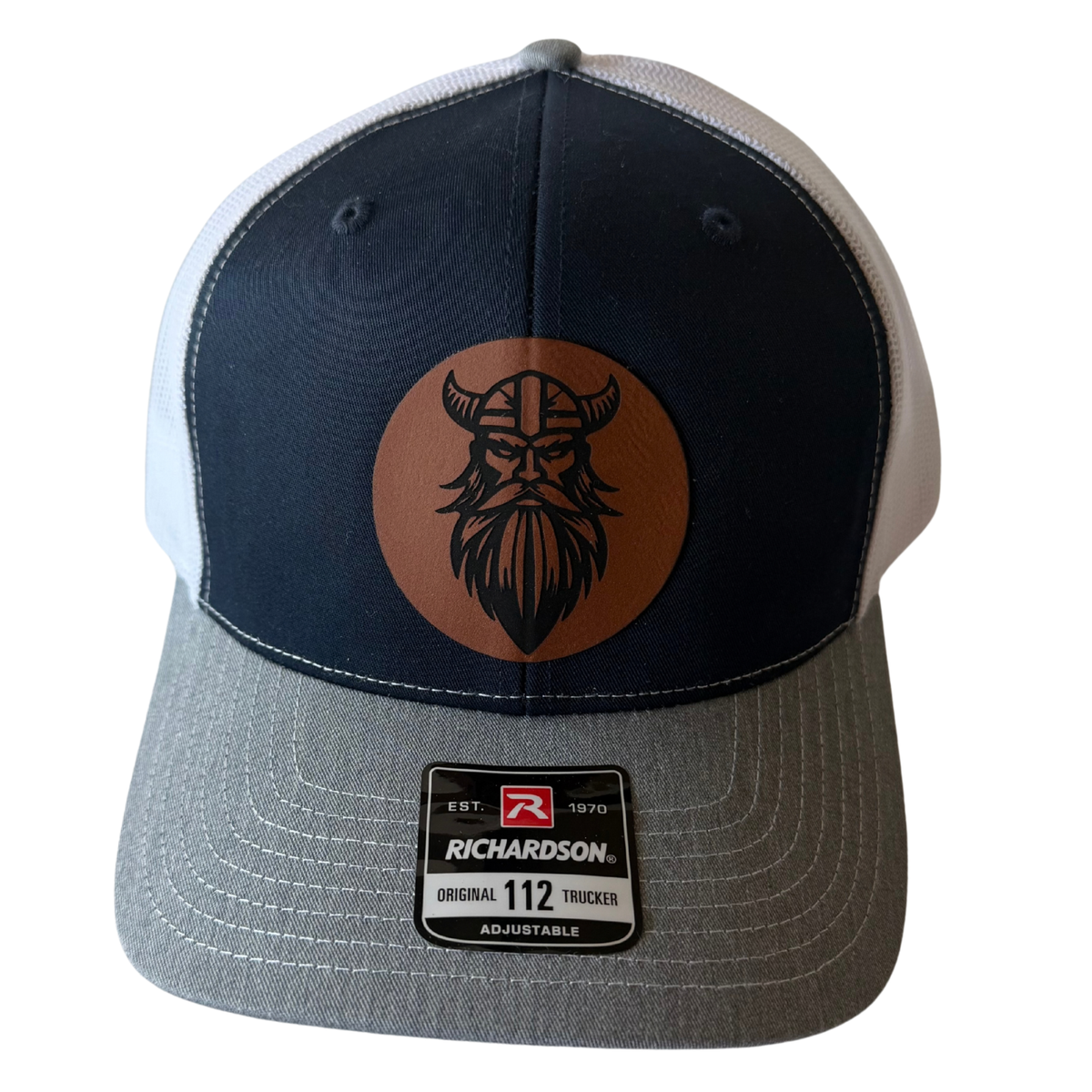 Custom Leather Patch Ball Cap – Richardson 112 (Navy, White & Heather Grey, 6-Panel)