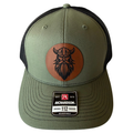 Custom Leather Patch Ball Cap – Richardson 112 (Loden Green & Black, 6-Panel)
