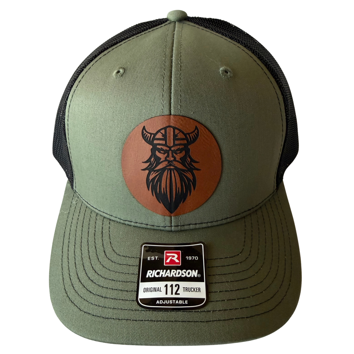 Custom Leather Patch Ball Cap – Richardson 112 (Loden Green & Black, 6-Panel)
