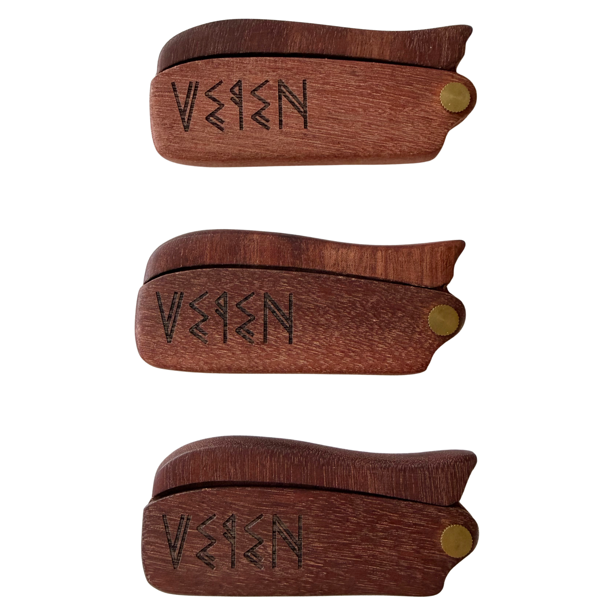Three wooden clipper cases stacked vertically on a white background, each engraved with the word 'VEIEN' in a stylized dark font and featuring a small brass snap button on the side.