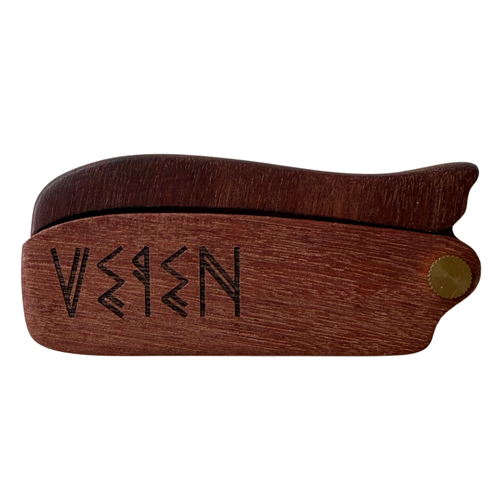 A dark brown wooden case engraved with the word 'VEIEN' in a stylized black font, featuring a small brass button on the side, shown against a plain white background.