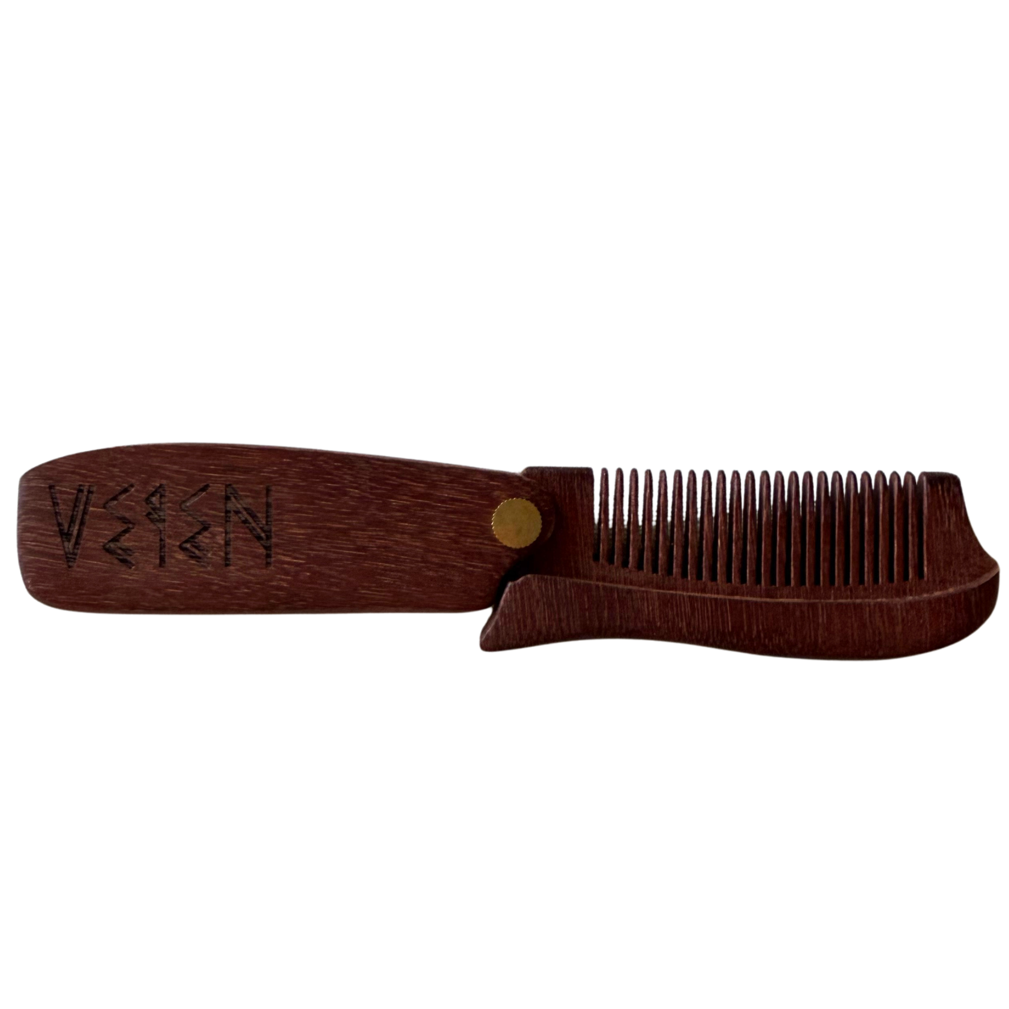 A dark reddish-brown wooden beard comb with a snap-button closure and engraved brand lettering on the handle, shown against a plain white background.