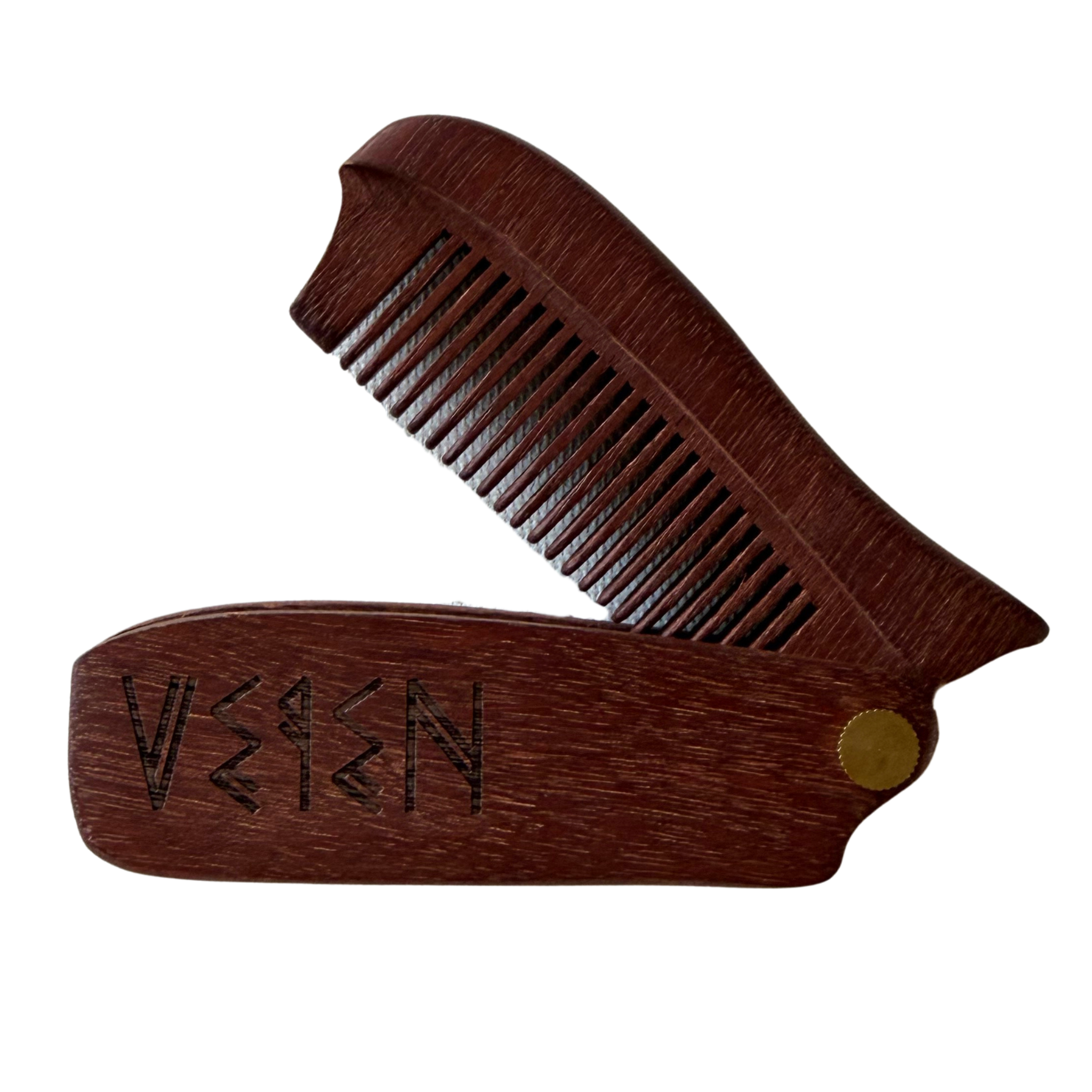 A dark brown wooden folding beard comb with the brand name 'VEIEN' engraved on the handle, shown open against a plain white background.