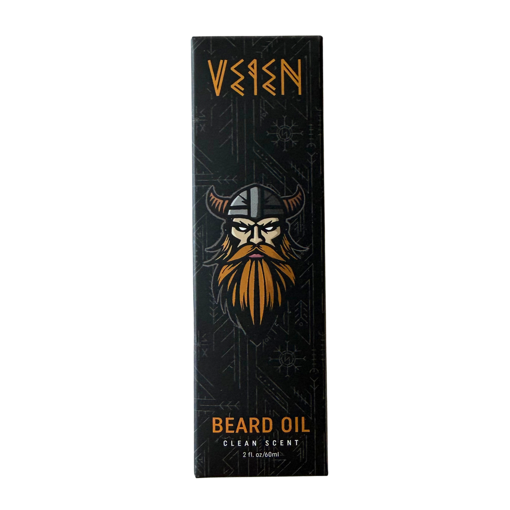 A tall rectangular black box for VeiVen Beard Oil, featuring a stylized Viking face illustration with a gold beard and orange lettering on a white background.