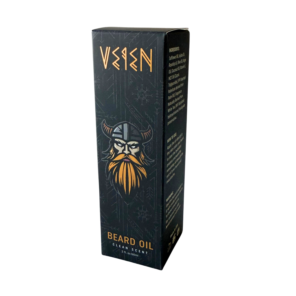 A tall rectangular product box for Veten Beard Oil Clean Scent, featuring a dark charcoal/black background with a stylized illustration of a Viking warrior with a golden beard and gold lettering.