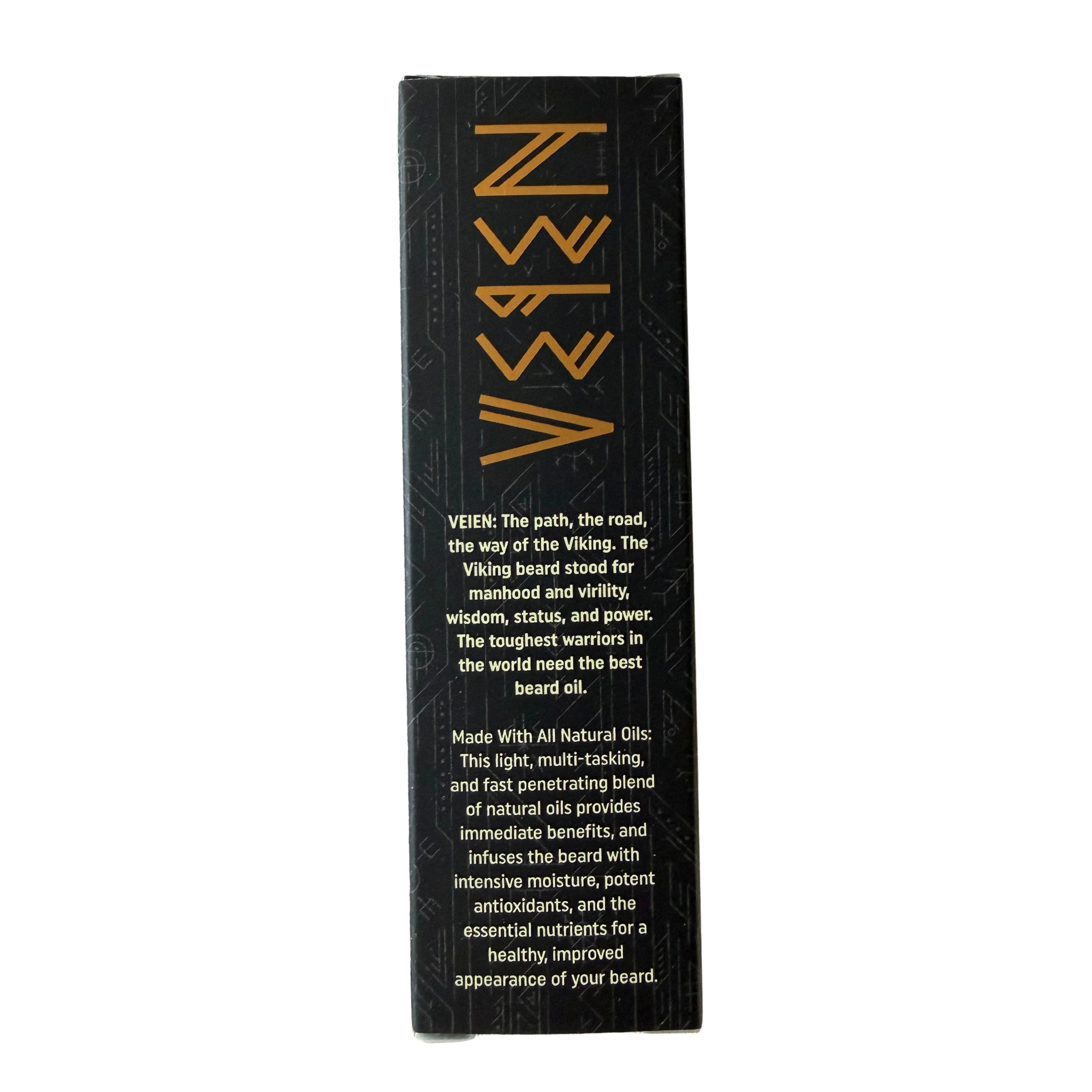 A tall, narrow black rectangular box for Veen Nefeli beard oil, featuring gold and white text on a clean white background.