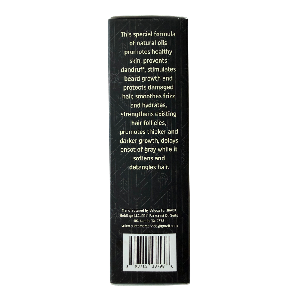 The back of a black rectangular product box with white text describing a hair care formula, a barcode, and small decorative symbols, shown on a plain white background.