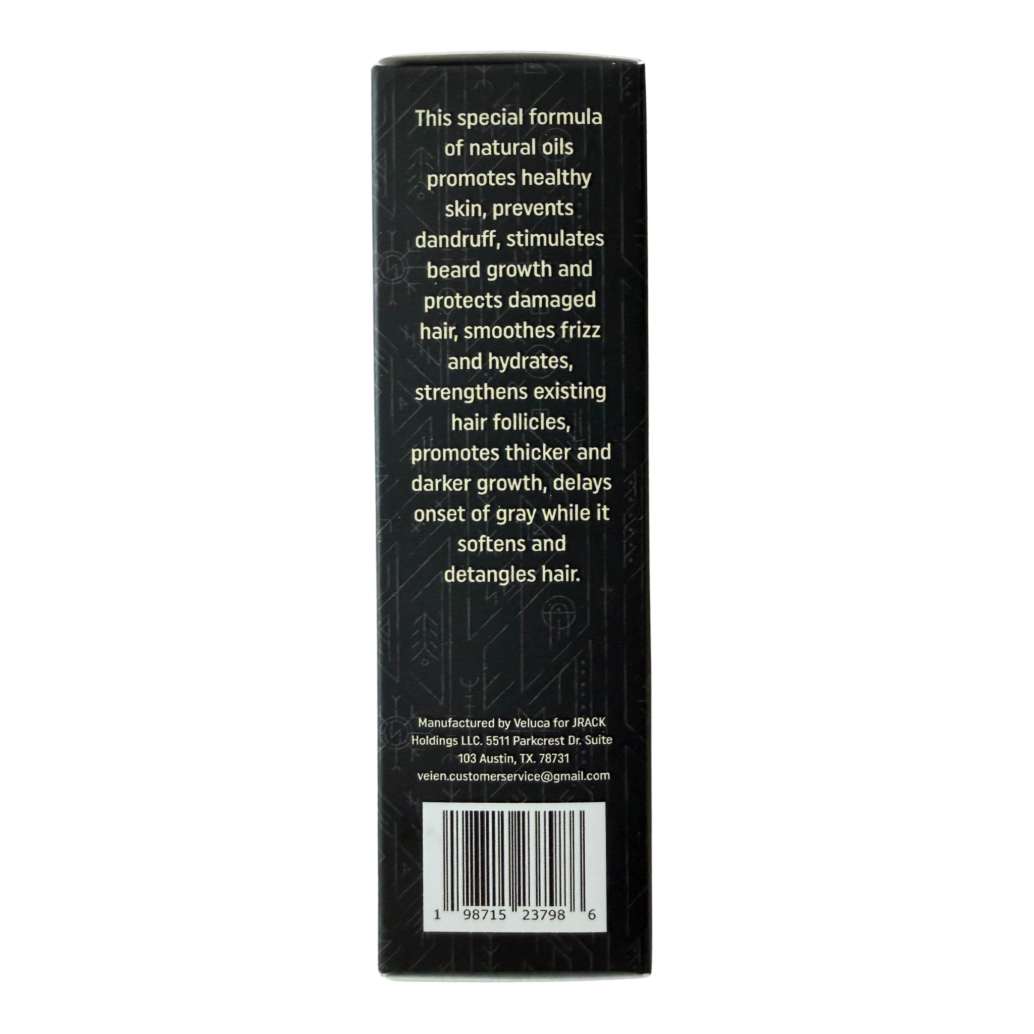 The back of a black rectangular product box with white text describing a hair care formula, a barcode, and small decorative symbols, shown on a plain white background.