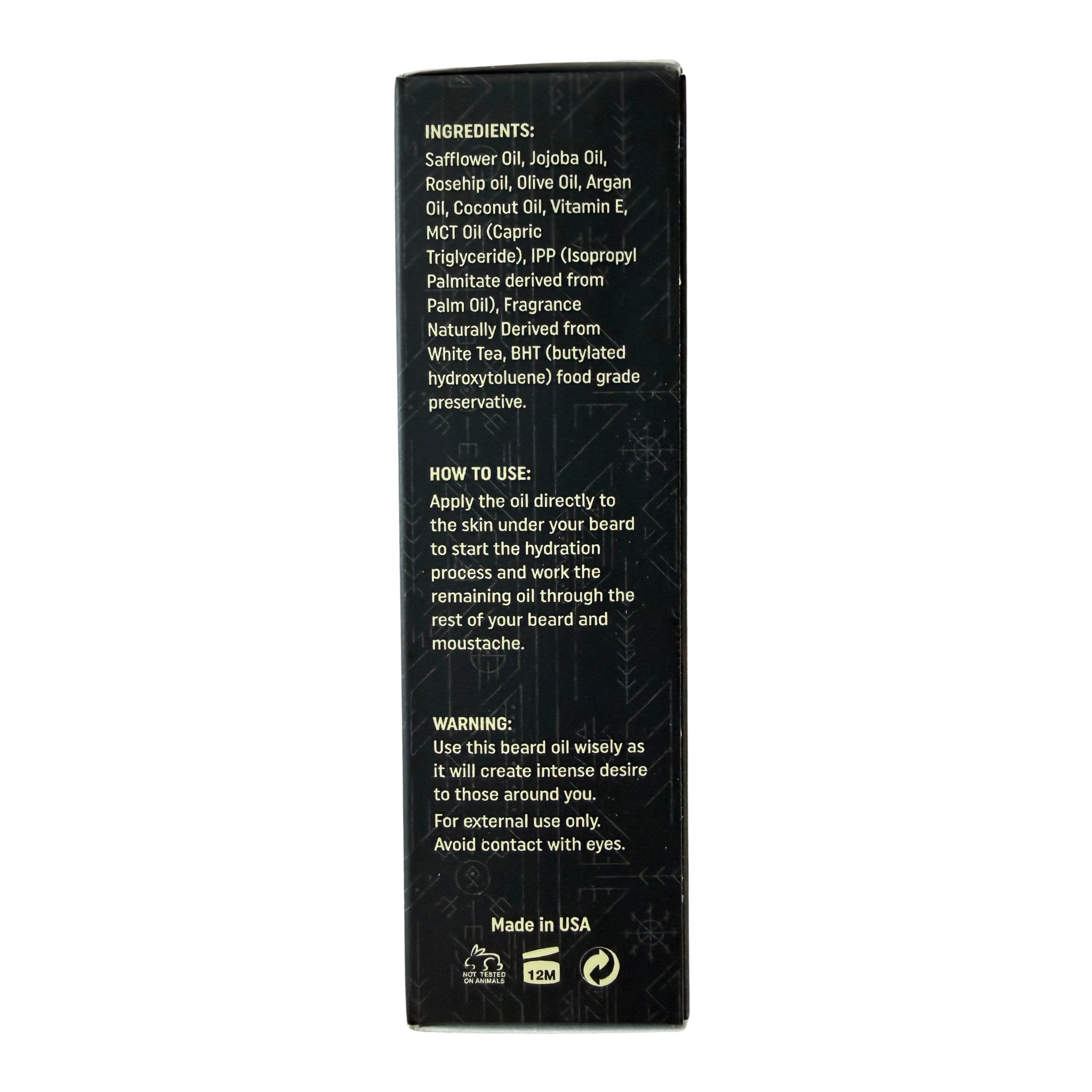 The back of a black rectangular product box with white text detailing ingredients, how to use, and warnings for a beard oil, set against a plain white background.