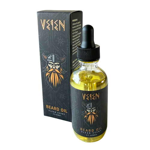 A bottle of VeiTen Beard Oil with a black dropper cap next to its black packaging box, both featuring a graphic of a Viking with a golden beard and orange hair, on a white background.