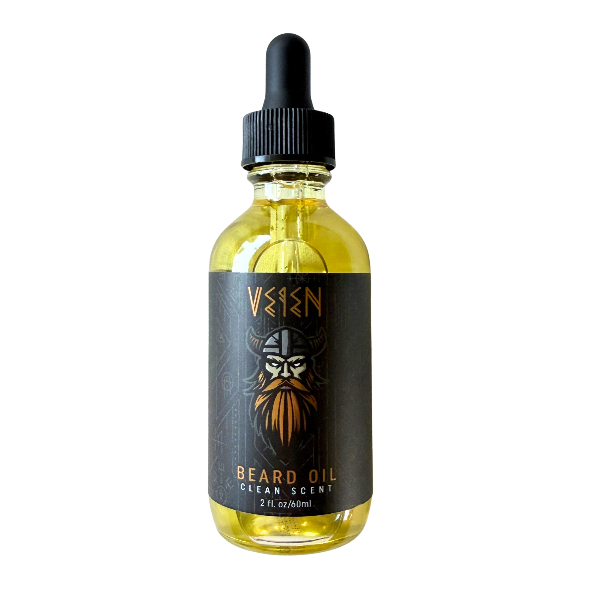 A 2 fl. oz bottle of beard oil; clean scent; front side