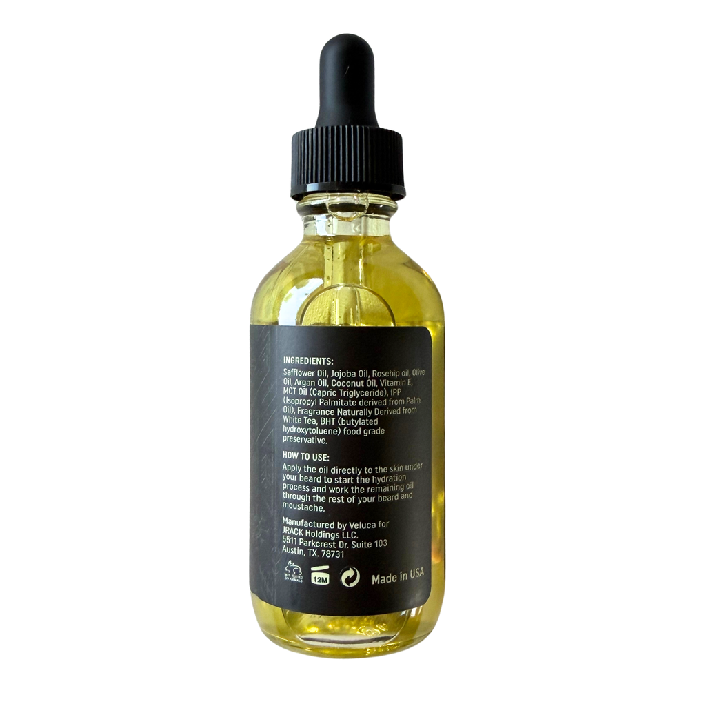 A clear glass dropper bottle filled with yellow oil, shown from the back with a black dropper cap and a black label containing product information.