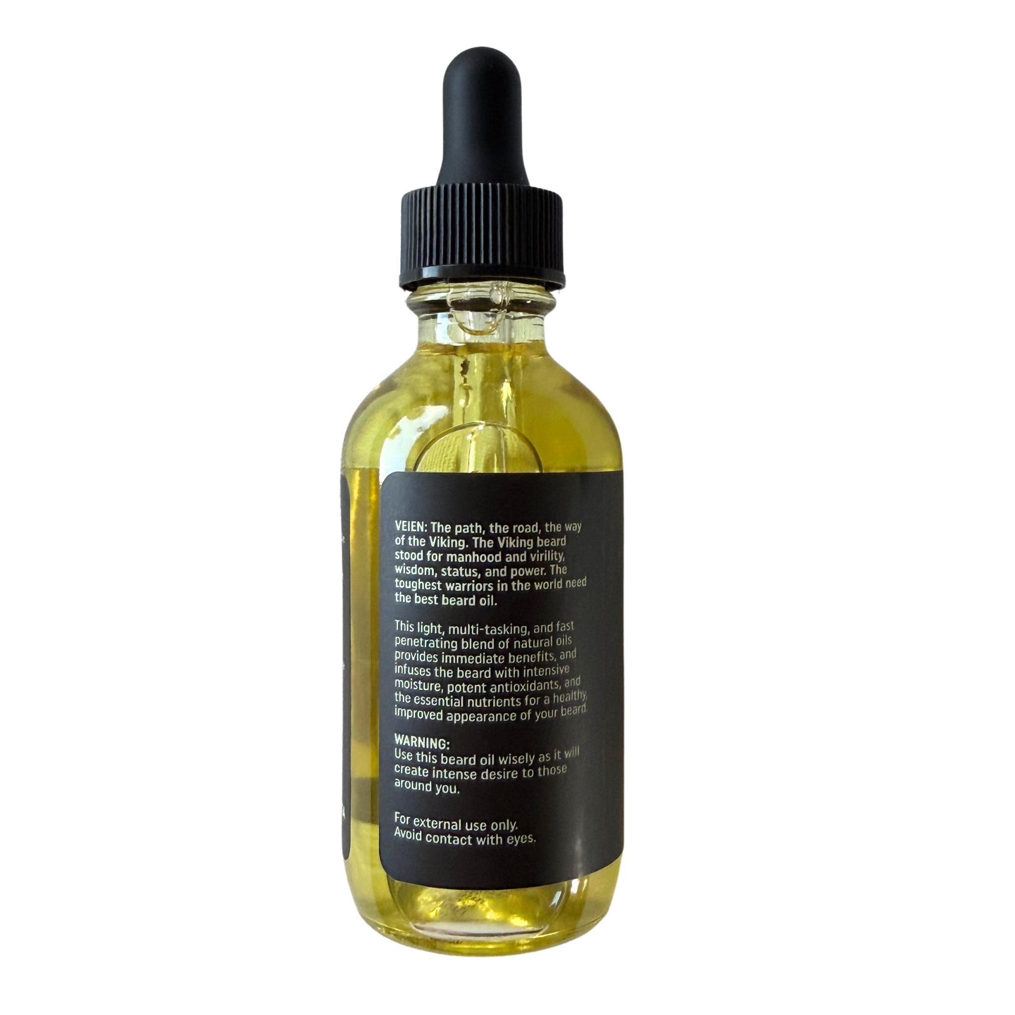 A clear glass dropper bottle filled with yellow oil, featuring a black ribbed cap and a black label with white text, shown against a plain white background.
