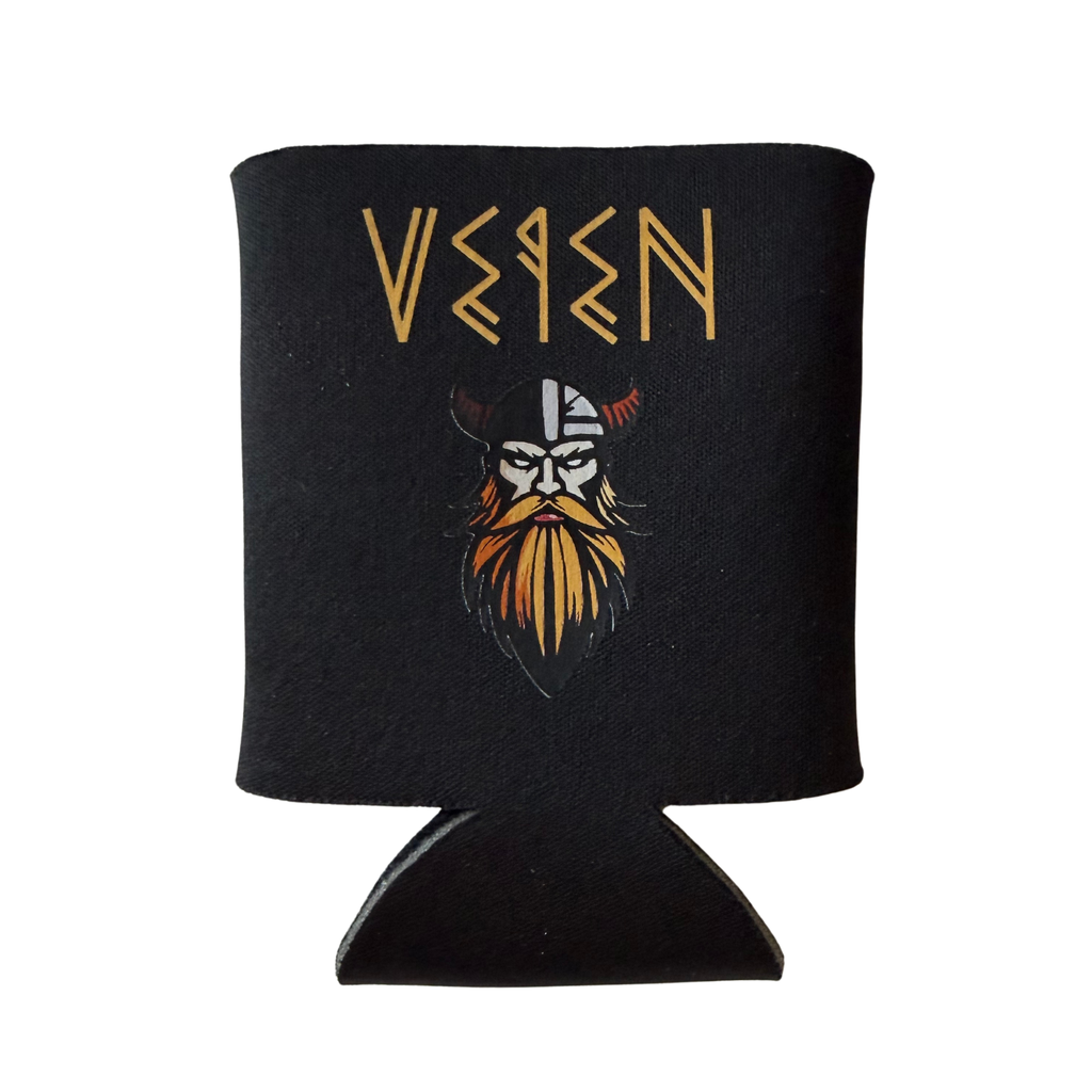 A black foam koozie featuring the word 'VEIEN' in stylized gold lettering above a graphic of a horned Viking with a white helmet and orange-gold beard, shown on a plain white background.