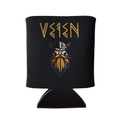 A black foam koozie featuring the word 'VEIEN' in stylized gold lettering above a graphic of a horned Viking with a white helmet and orange-gold beard, shown on a plain white background.