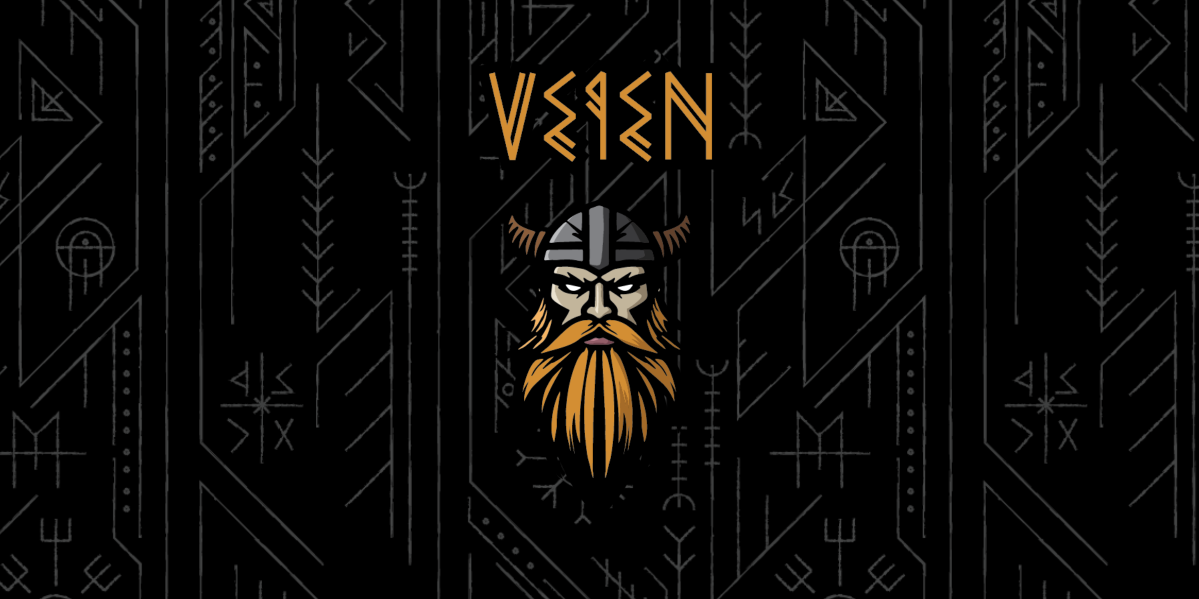 A stylized Viking head illustration with a long orange beard and horned helmet, centered on a black background with geometric line patterns and the word 'VEIEN' above it.