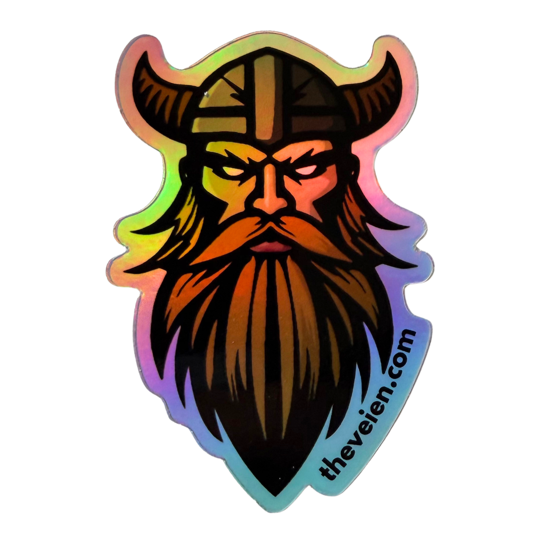 An iridescent holographic sticker featuring a stylized Viking head with a long beard and horned helmet, shown on a plain white background. The sticker has a black base with a rainbow holographic finish and the text 'thevielen.
